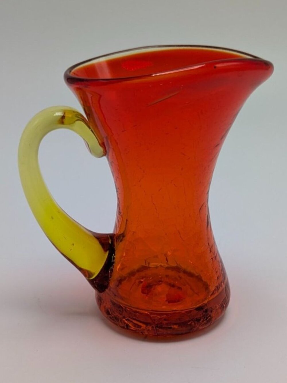Vintage Art Glass Miniature Pitcher Crackle Finish Yellow Handle
